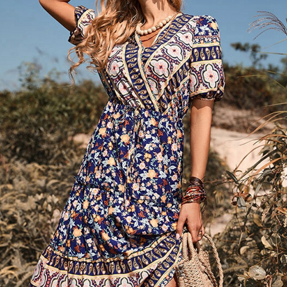 Bohemian Puff Sleeve Surplice Dress